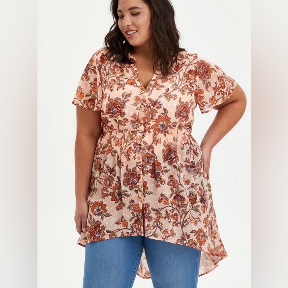 Torrid Chic Lexie Babydoll Chiffon High Low Tunic Pearl Boho Floral Plus Size 2X
